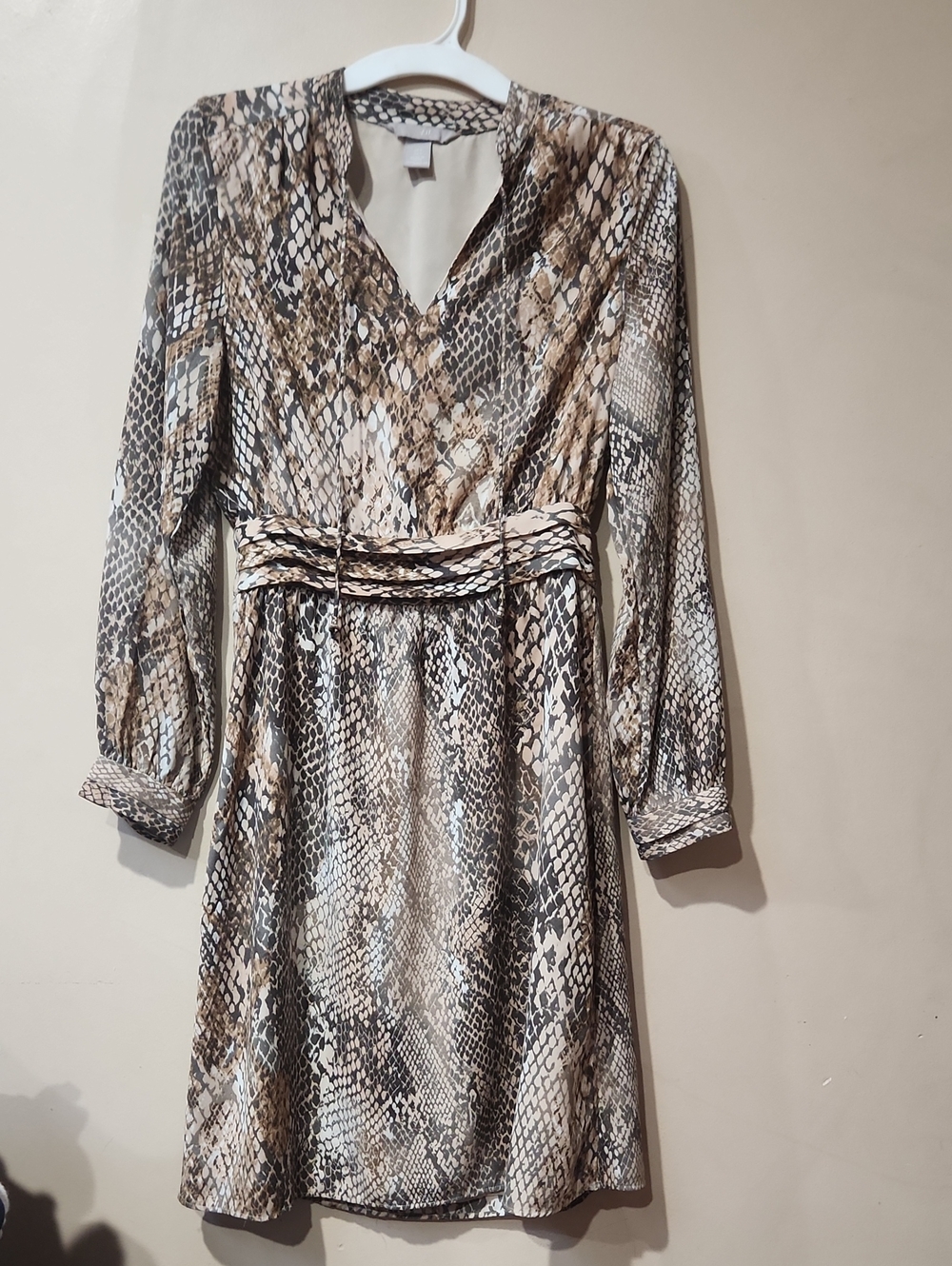 H&M Snake-Print Long Sleeve Dress in Beige, Brown, Black